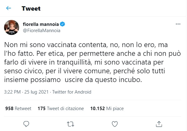 fiorella mannoia tweet vaccino